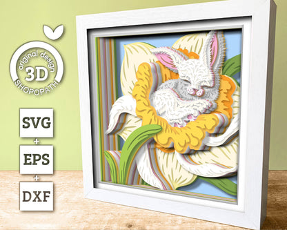 3D SVG Bunny Sleeping in Daffodil Shadow Box, 3D Svg Bunny, Spring Shadow Box 3D Svg, 3D DXF Daffodil, Easter Bunny DXF, Cricut Silhouette