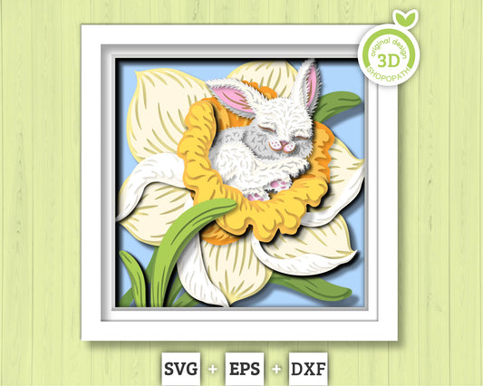 3D SVG Bunny Sleeping in Daffodil Shadow Box, 3D Svg Bunny, Spring Shadow Box 3D Svg, 3D DXF Daffodil, Easter Bunny DXF, Cricut Silhouette