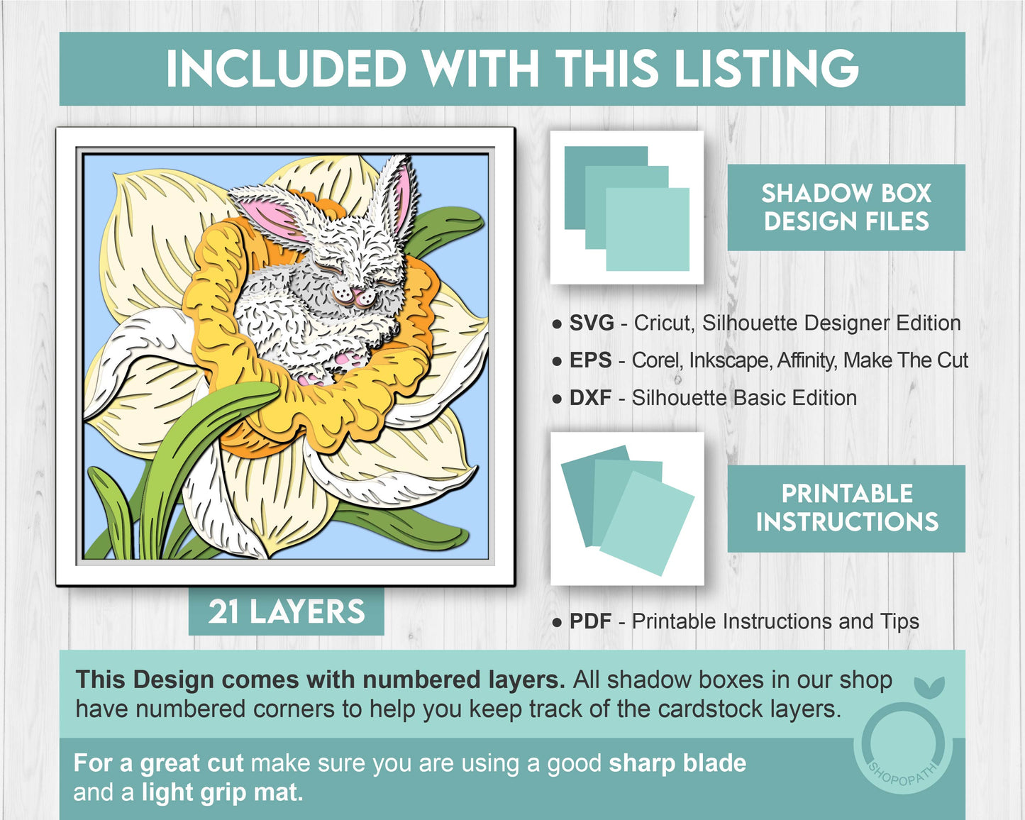 3D SVG Bunny Sleeping in Daffodil Shadow Box, 3D Svg Bunny, Spring Shadow Box 3D Svg, 3D DXF Daffodil, Easter Bunny DXF, Cricut Silhouette