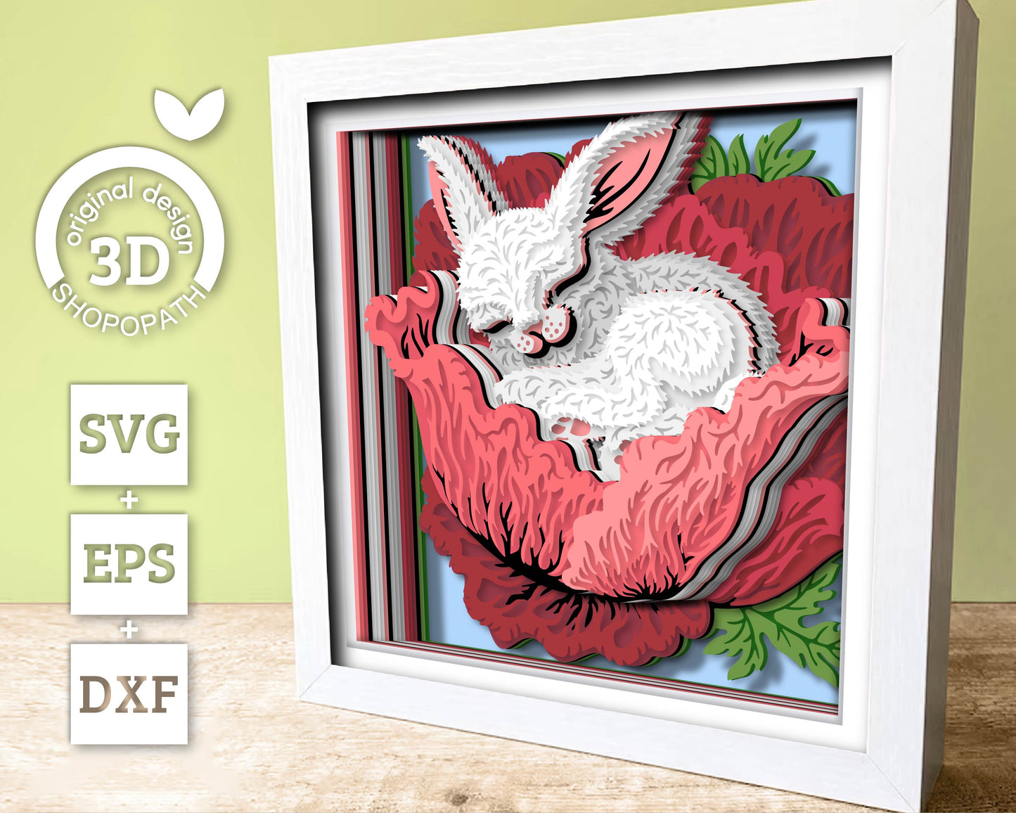 3D SVG Bunny Sleeping in Poppy Shadow Box, 3D Svg Bunny, Spring Shadow Box 3D Svg, 3D DXF Poppy Flower Easter Bunny 3d DXF Cricut Silhouette