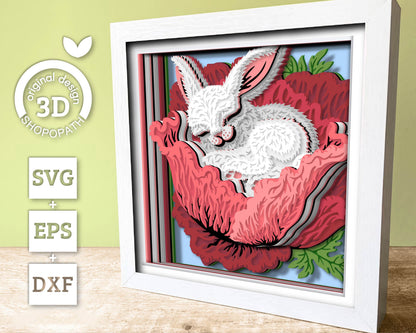 3D SVG Bunny Sleeping in Poppy Shadow Box, 3D Svg Bunny, Spring Shadow Box 3D Svg, 3D DXF Poppy Flower Easter Bunny 3d DXF Cricut Silhouette