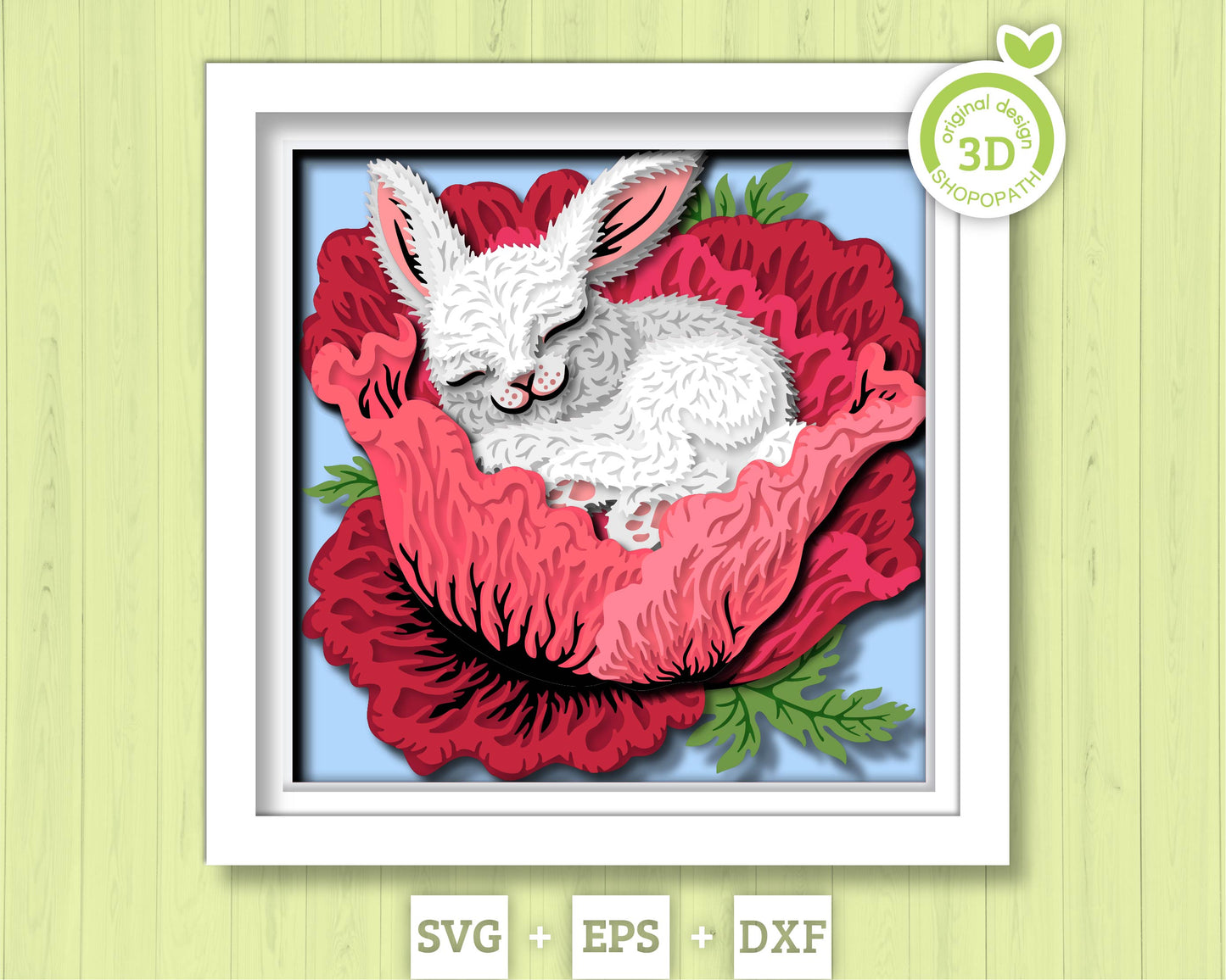 3D SVG Bunny Sleeping in Poppy Shadow Box, 3D Svg Bunny, Spring Shadow Box 3D Svg, 3D DXF Poppy Flower Easter Bunny 3d DXF Cricut Silhouette
