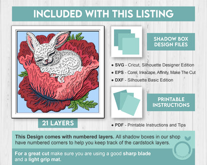 3D SVG Bunny Sleeping in Poppy Shadow Box, 3D Svg Bunny, Spring Shadow Box 3D Svg, 3D DXF Poppy Flower Easter Bunny 3d DXF Cricut Silhouette