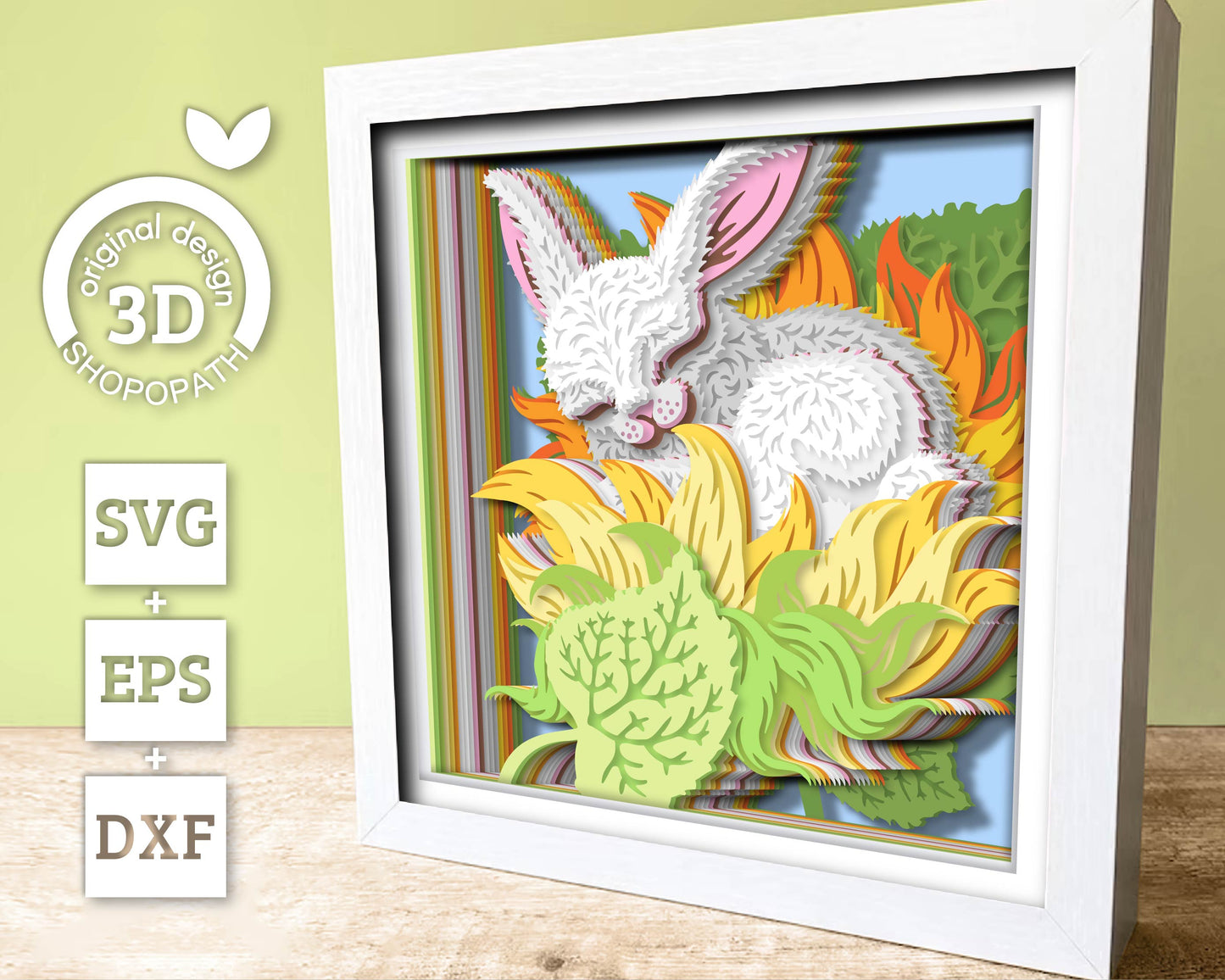 Bunny Sleeping in Sunflower Nest - 3D Shadow Box Layered SVG DXF EPS (Cutting Files)