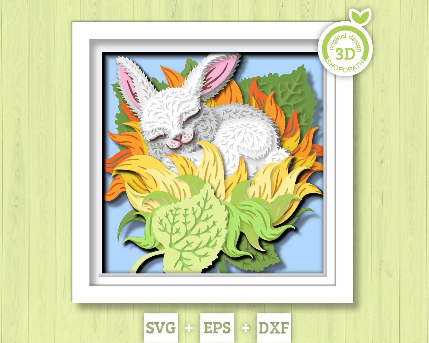 Bunny Sleeping in Sunflower Nest - 3D Shadow Box Layered SVG DXF EPS (Cutting Files)