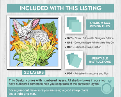 Bunny Sleeping in Sunflower Nest - 3D Shadow Box Layered SVG DXF EPS (Cutting Files)