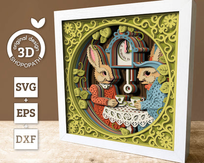 Bunny Tea Party with Lace - 3D Shadow Box Layered SVG DXF EPS (Cutting Files)