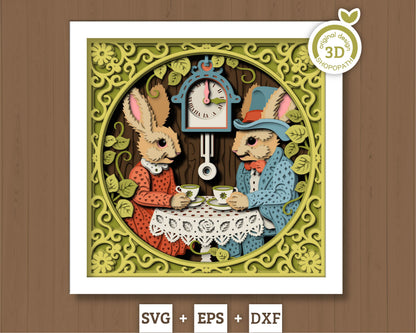 Bunny Tea Party with Lace - 3D Shadow Box Layered SVG DXF EPS (Cutting Files)