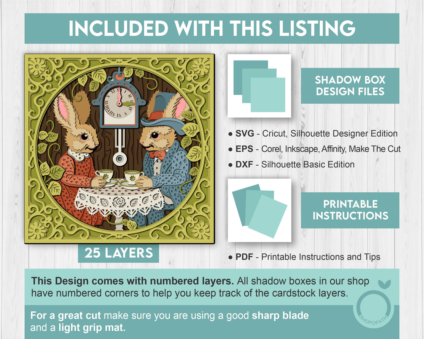 Bunny Tea Party with Lace - 3D Shadow Box Layered SVG DXF EPS (Cutting Files)