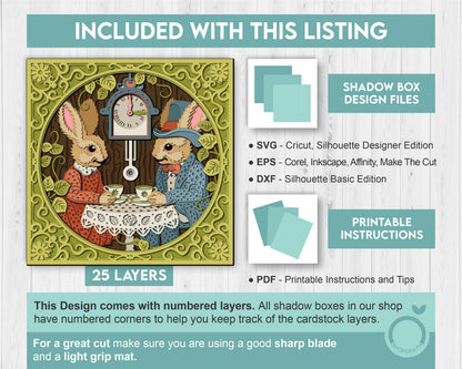 Bunny Tea Party with Lace - 3D Shadow Box Layered SVG DXF EPS (Cutting Files)