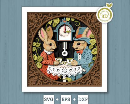Bunny Tea Party with Lace - 3D Shadow Box Layered SVG DXF EPS (Cutting Files)