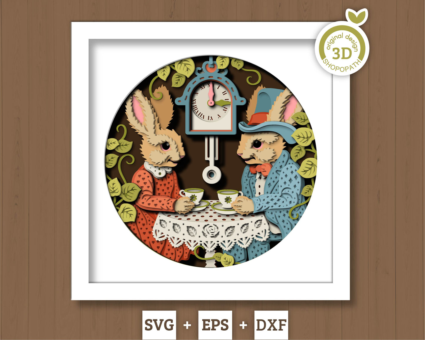 Bunny Tea Party with Lace - 3D Shadow Box Layered SVG DXF EPS (Cutting Files)