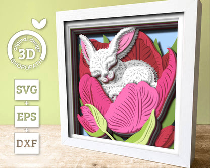 Bunny Sleeping in Tulip Nest - 3D Shadow Box Layered SVG DXF EPS (Cutting Files)