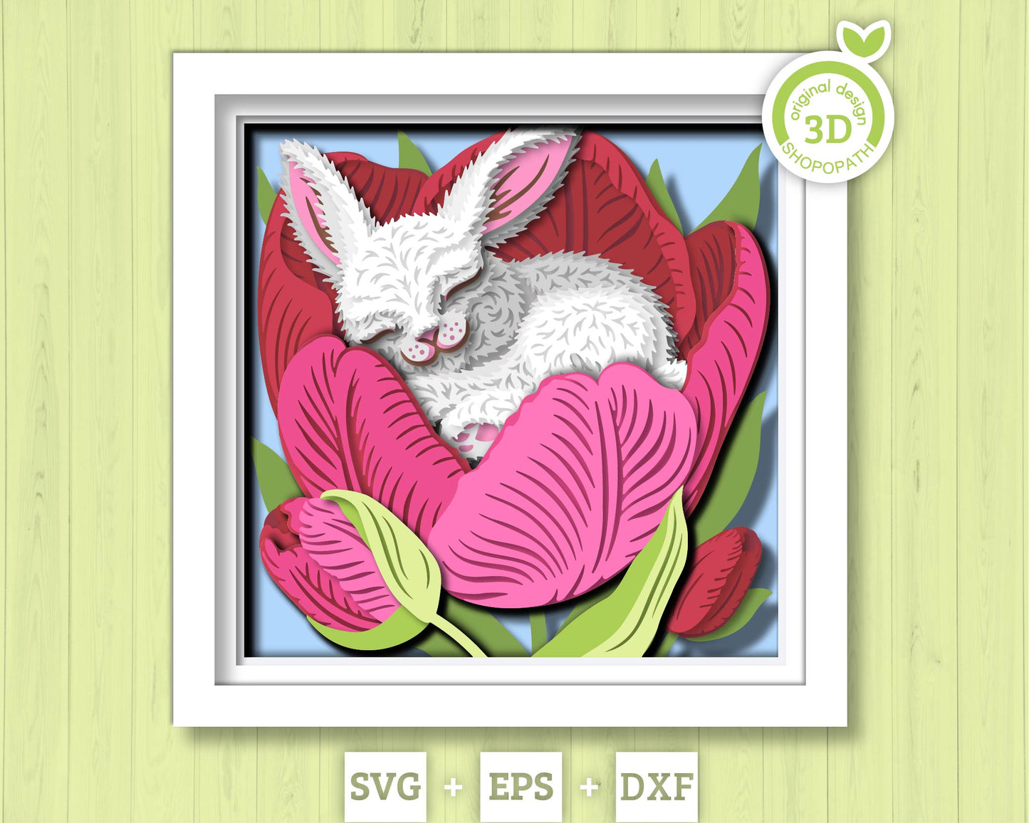 Bunny Sleeping in Tulip Nest - 3D Shadow Box Layered SVG DXF EPS (Cutting Files)