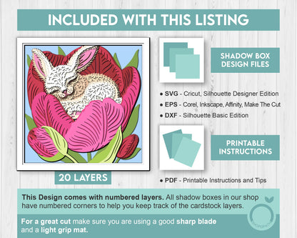 Bunny Sleeping in Tulip Nest - 3D Shadow Box Layered SVG DXF EPS (Cutting Files)