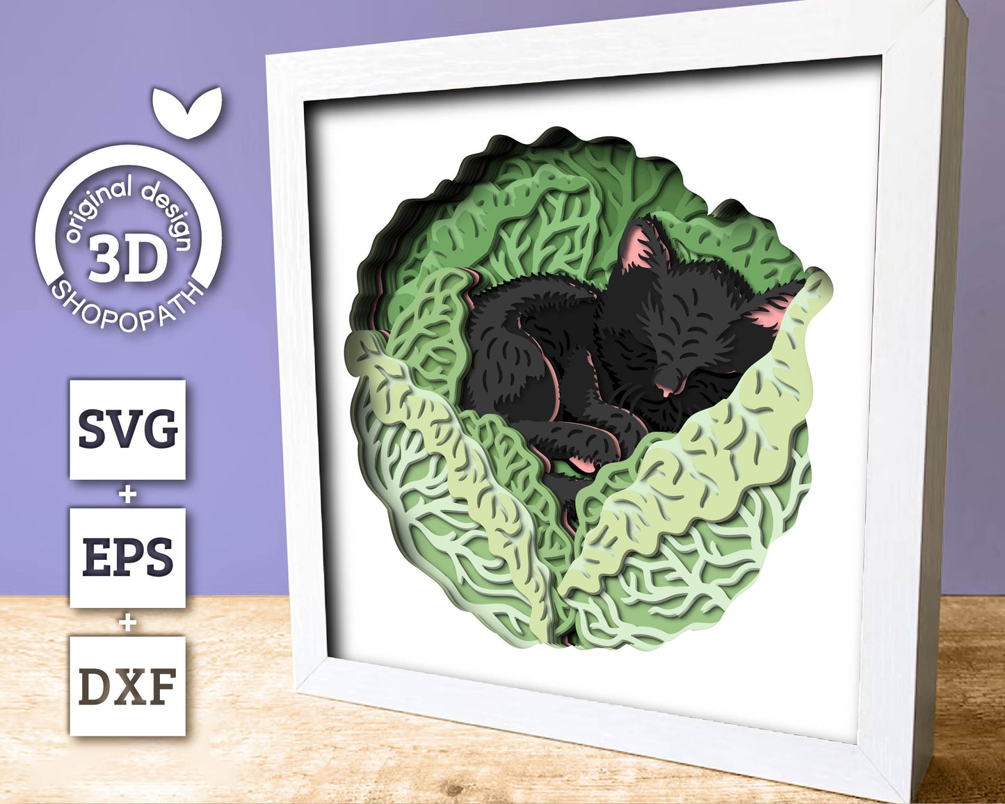 3D Baby Cat Sleeping In Cabbage Shadow Box SVG, 3D Summer SVG, Kitten 3D Svg, Cabbage 3d SVG, Baby Cat 3D svg, Cat 3d svg, Cricut Silhouette