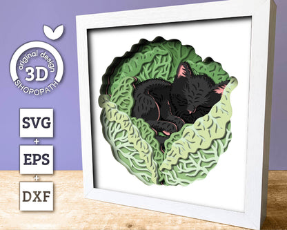 3D Baby Cat Sleeping In Cabbage Shadow Box SVG, 3D Summer SVG, Kitten 3D Svg, Cabbage 3d SVG, Baby Cat 3D svg, Cat 3d svg, Cricut Silhouette