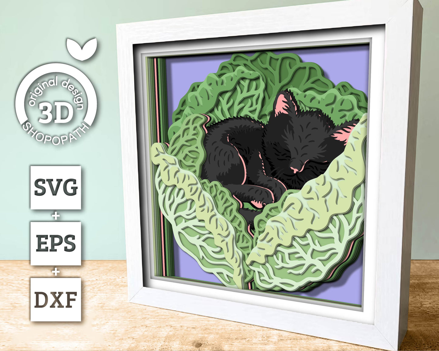 Kitten Sleeping In Cabbage - 3D Shadow Box Layered SVG DXF EPS (Cutting Files)