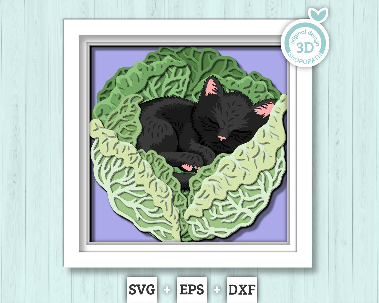 Kitten Sleeping In Cabbage - 3D Shadow Box Layered SVG DXF EPS (Cutting Files)