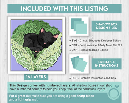Kitten Sleeping In Cabbage - 3D Shadow Box Layered SVG DXF EPS (Cutting Files)