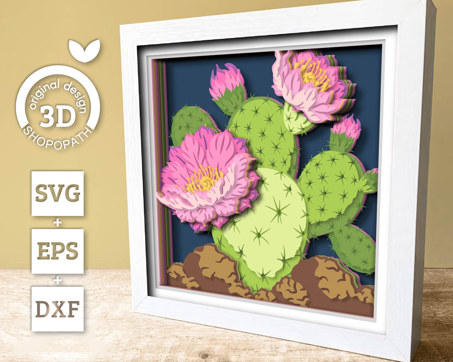 Prickly Pear Cactus with Flowers - 3D Shadow Box Layered SVG DXF EPS (Cutting Files)