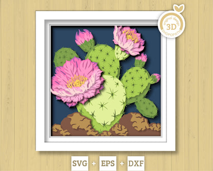 Prickly Pear Cactus with Flowers - 3D Shadow Box Layered SVG DXF EPS (Cutting Files)