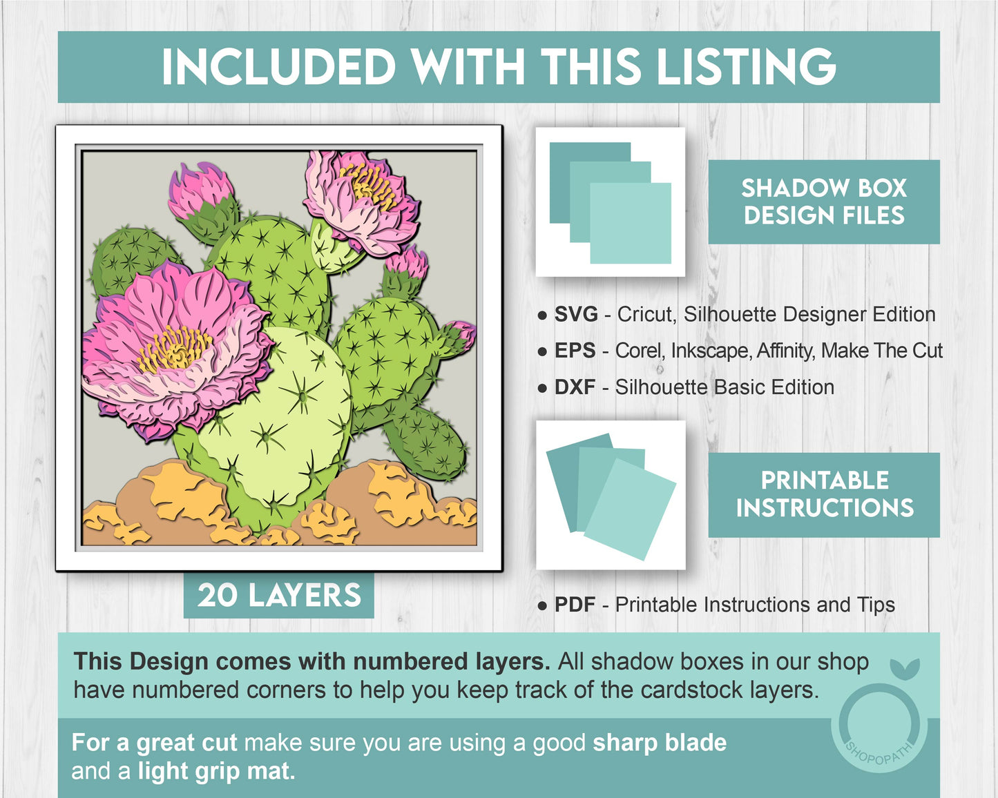 Prickly Pear Cactus with Flowers - 3D Shadow Box Layered SVG DXF EPS (Cutting Files)