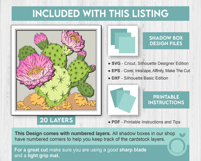Prickly Pear Cactus with Flowers - 3D Shadow Box Layered SVG DXF EPS (Cutting Files)