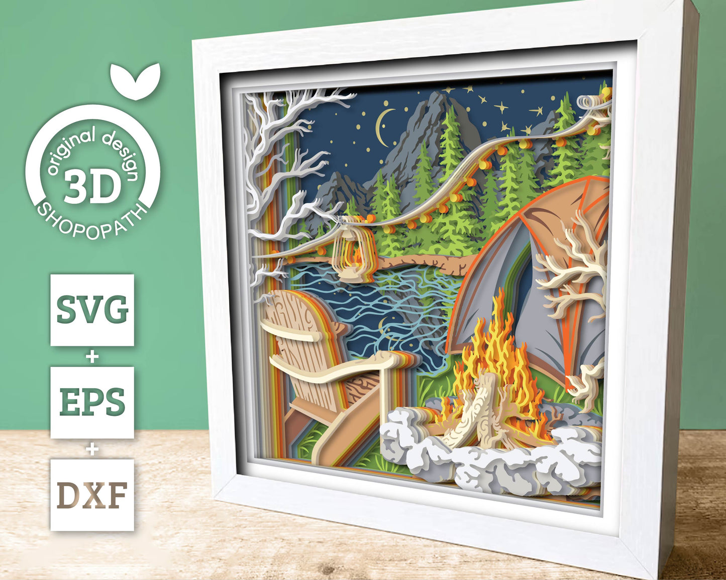 Summer Camping By The Lake Shadow Box 3D Svg with Fire Pit and Mountains, Papercut Cutting DXF EPS Files for Cricut Silhouette Brother