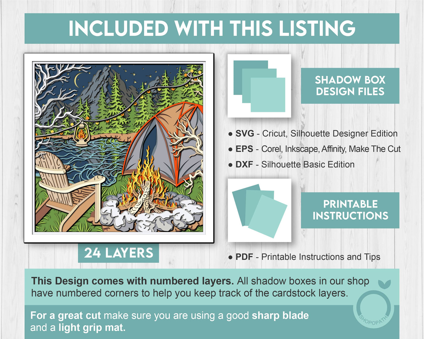 Summer Camping By The Lake Shadow Box 3D Svg with Fire Pit and Mountains, Papercut Cutting DXF EPS Files for Cricut Silhouette Brother