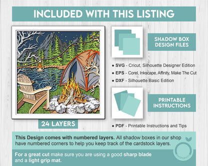 Summer Camping By The Lake Shadow Box 3D Svg with Fire Pit and Mountains, Papercut Cutting DXF EPS Files for Cricut Silhouette Brother
