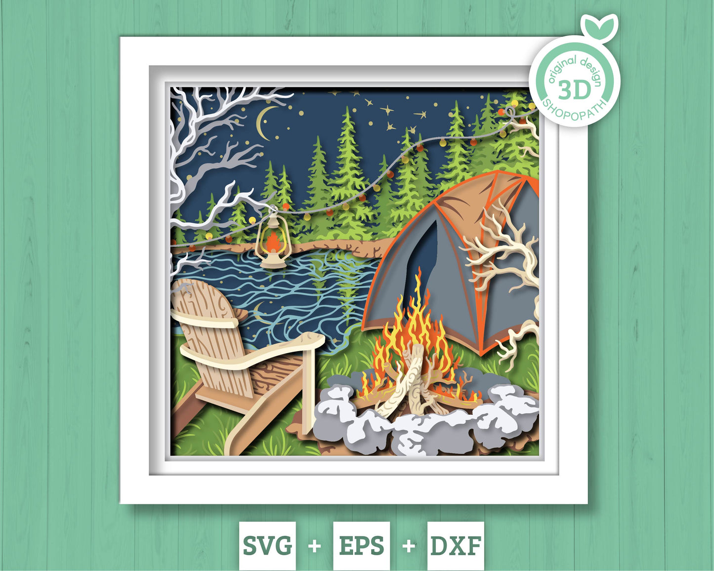 Summer Camping By The Lake Shadow Box 3D Svg with Fire Pit and Mountains, Papercut Cutting DXF EPS Files for Cricut Silhouette Brother