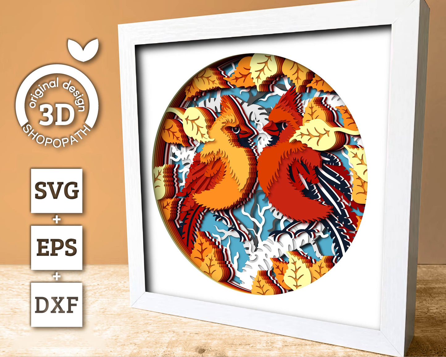 3D SVG Cardinal Couple On Birch Branch Shadow Box, 3D SVG Cardinal, Birch Fall Leaf 3D Svg, Autumn SVG Cardinal Shadow Box Cricut Silhouette