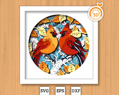 3D SVG Cardinal Couple On Birch Branch Shadow Box, 3D SVG Cardinal, Birch Fall Leaf 3D Svg, Autumn SVG Cardinal Shadow Box Cricut Silhouette