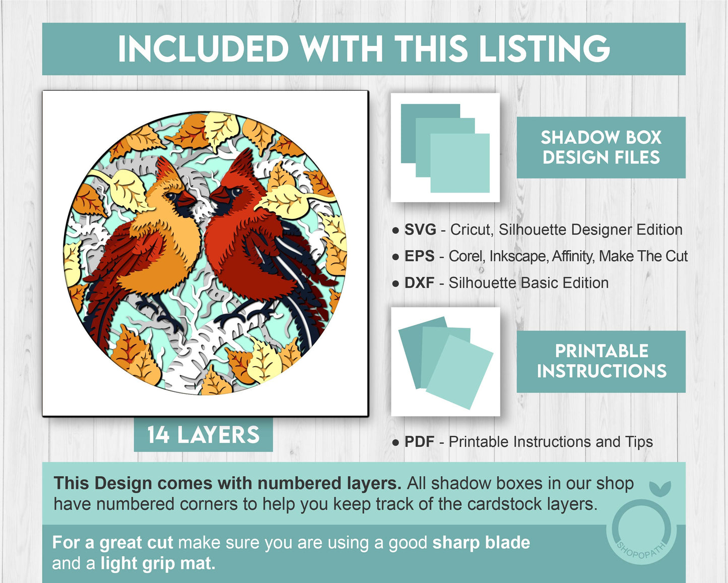 3D SVG Cardinal Couple On Birch Branch Shadow Box, 3D SVG Cardinal, Birch Fall Leaf 3D Svg, Autumn SVG Cardinal Shadow Box Cricut Silhouette