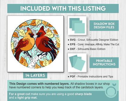 3D SVG Cardinal Couple On Birch Branch Shadow Box, 3D SVG Cardinal, Birch Fall Leaf 3D Svg, Autumn SVG Cardinal Shadow Box Cricut Silhouette