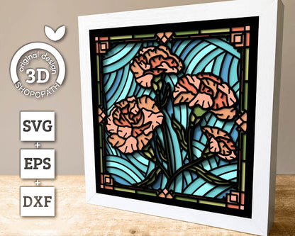 Carnation Flowers Stained Glass - 3D Shadow Box Layered SVG DXF EPS (Cutting Files)
