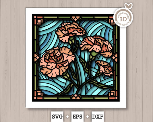 Carnation Flowers Stained Glass - 3D Shadow Box Layered SVG DXF EPS (Cutting Files)