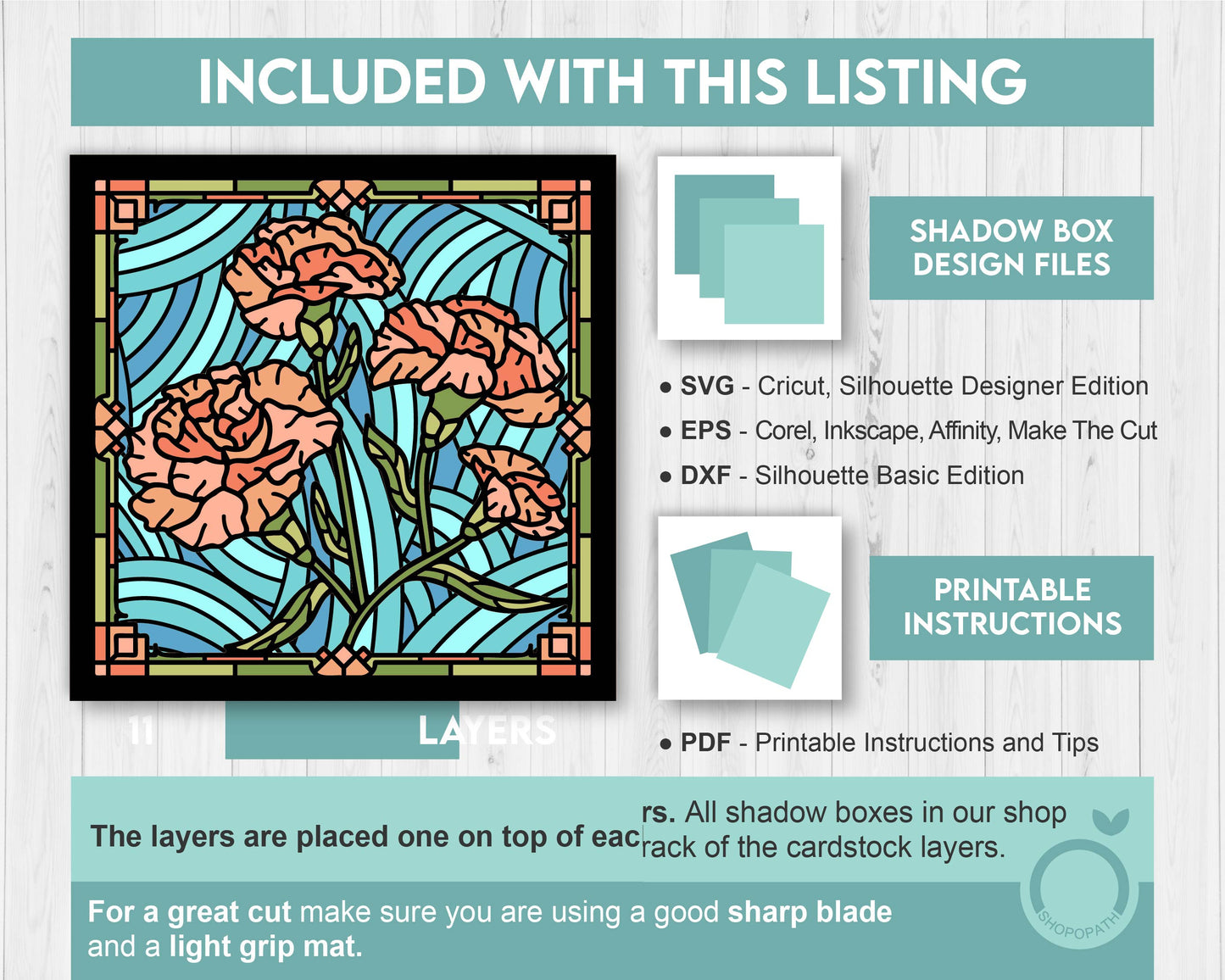Carnation Flowers Stained Glass - 3D Shadow Box Layered SVG DXF EPS (Cutting Files)