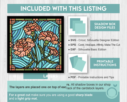 Carnation Flowers Stained Glass - 3D Shadow Box Layered SVG DXF EPS (Cutting Files)