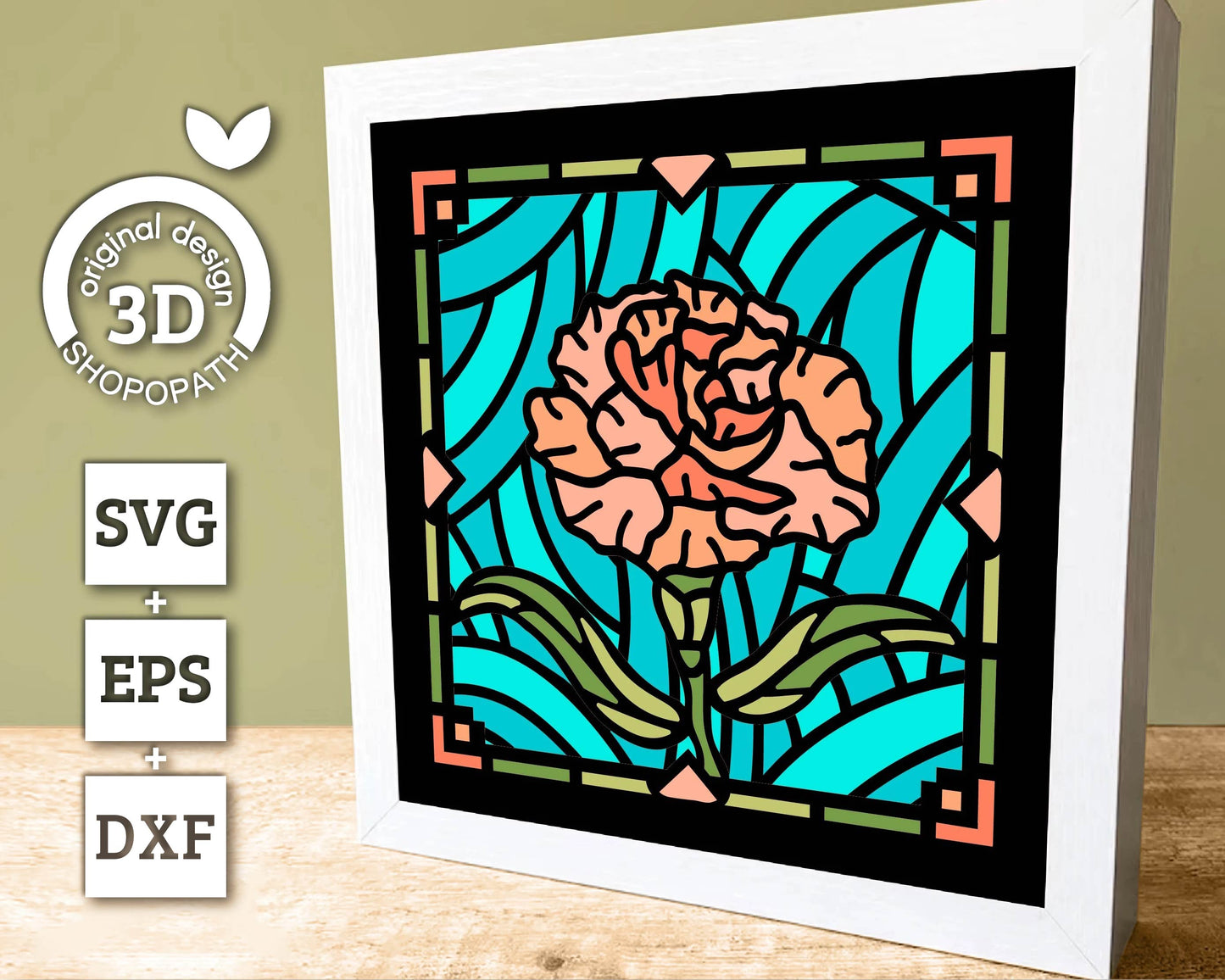 3D SVG Carnations Mini Stained Glass Shadow Box, Carnations 3D Svg, 3D Flowers svg, 3D SVG Stained Glass, Shadow Box svg, Cricut Silhouette