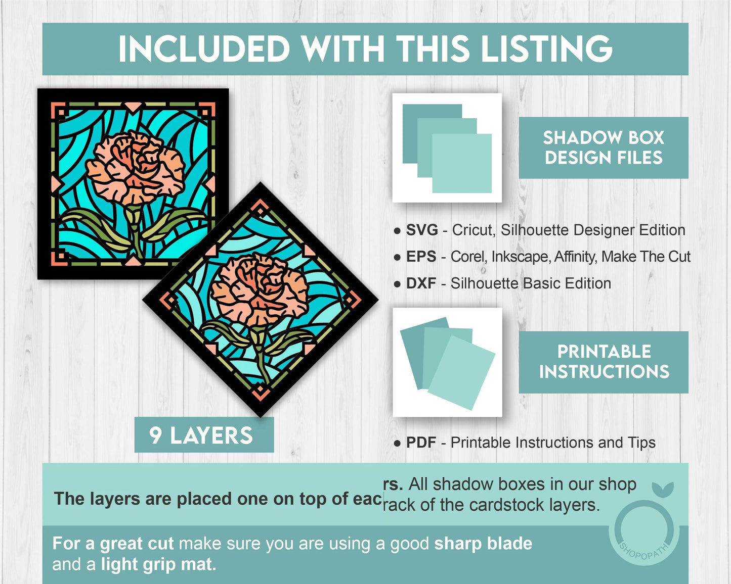 3D SVG Carnations Mini Stained Glass Shadow Box, Carnations 3D Svg, 3D Flowers svg, 3D SVG Stained Glass, Shadow Box svg, Cricut Silhouette