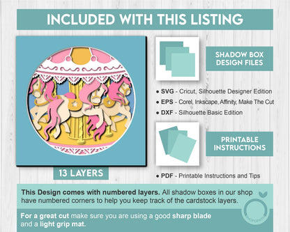 3D Layered Carousel SVG EPS, Carousel Shadow Box, Nursery 3D Svg Baby Shower Gift Layered Papercut svg, Cricut Silhouette