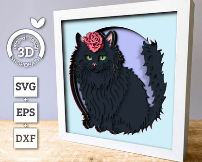 Black Cat with Rose - 3D Shadow Box Layered SVG DXF EPS (Cutting Files)