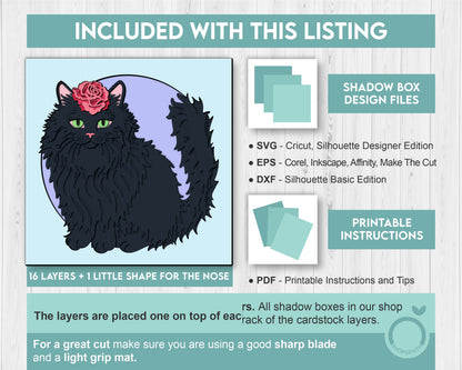 Black Cat with Rose - 3D Shadow Box Layered SVG DXF EPS (Cutting Files)