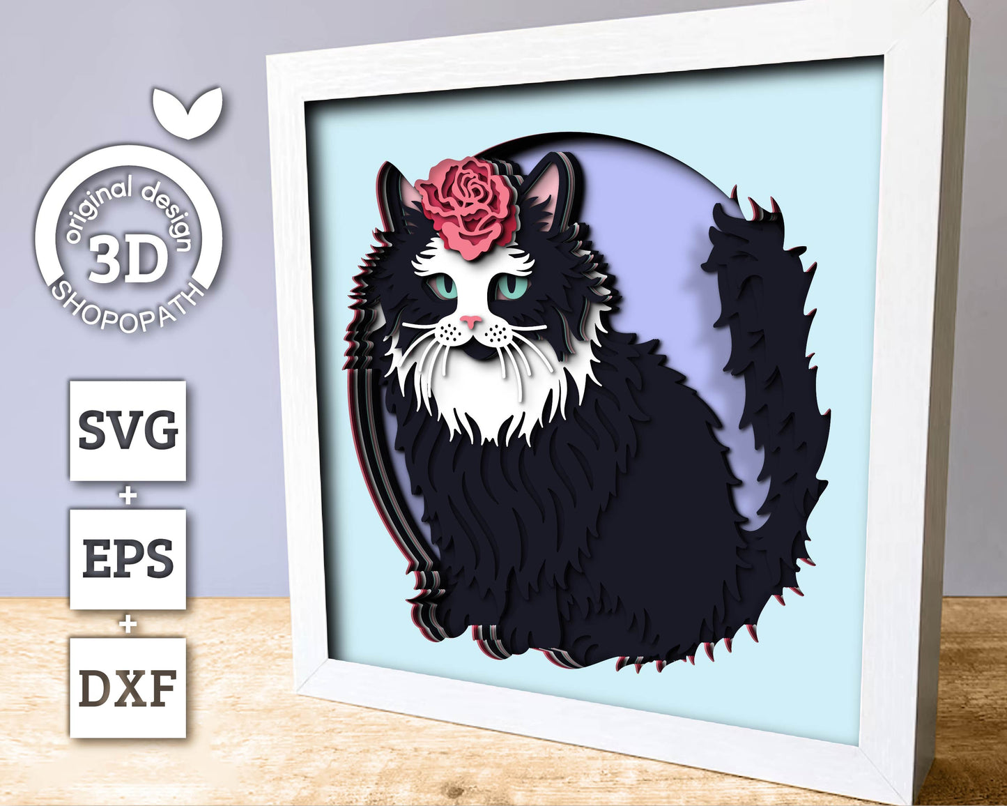 Black White Cat with Rose - 3D Shadow Box Layered SVG DXF EPS (Cutting Files)