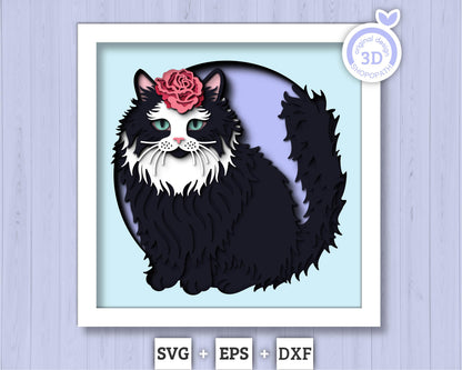 Black White Cat with Rose - 3D Shadow Box Layered SVG DXF EPS (Cutting Files)