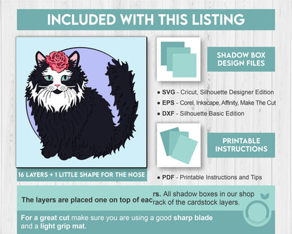 Black White Cat with Rose - 3D Shadow Box Layered SVG DXF EPS (Cutting Files)