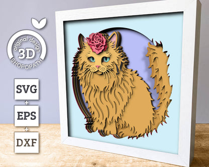 Ginger Cat with Rose - 3D Shadow Box Layered SVG DXF EPS (Cutting Files)