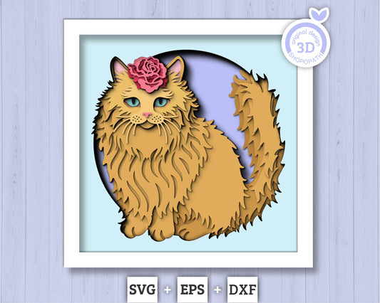 Ginger Cat with Rose - 3D Shadow Box Layered SVG DXF EPS (Cutting Files)